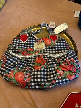 Betsey Johnson Betseyville Black Gingham Floral Rose Heart Purse Bag Vintage NWT